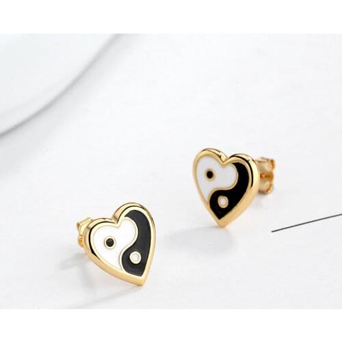 Silvology Yin Yang Taiji Heart Stud Earrings 925 Sterling Silver Drop Glaze Chin Earrings for Women New Minimalist Jewelry Girls