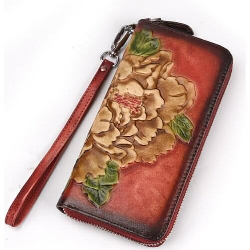 Women Wallet Female Genuine Leather Long Clutch Wallets Flower Embossing Zipper Wallet Women Card Purse Bag