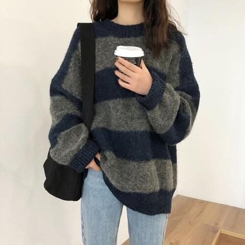Women Oversized Striped Sweater Vintage Long Sleeve Pullover Knitted Tops Ladies Autumn Korean Casual Loose O-Neck Sueter Mujer