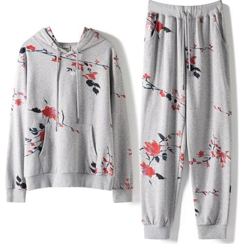 2021 Autumn New Women Hooded Pullover Tracksuit Korean Floral Long Sleeve Tops + Casual Pants Two Piece Set Ladies Clothes H1033