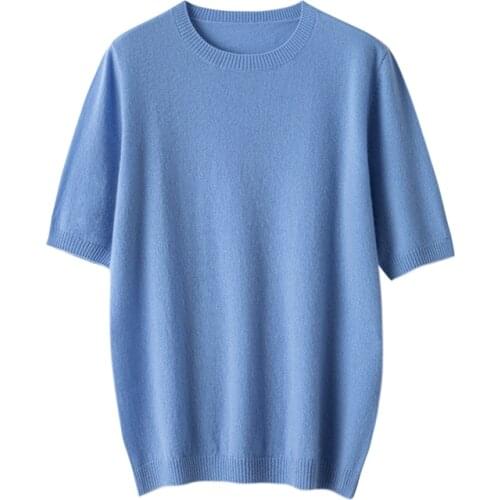 Zocept Spring Autumn Womens Sweater Short Sleeve 100% Cashmere Knitted Pure Color O-Neck Pullover Casual Simple Soft T-Shirts