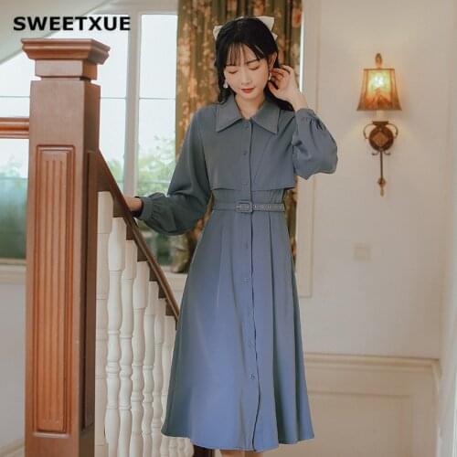 SWEETXUE Long Sleeve Lapel Solid Color Literary Retro Dress Spring 2021 Women Hot Sale Lapel Fashion Chic Student Dress
