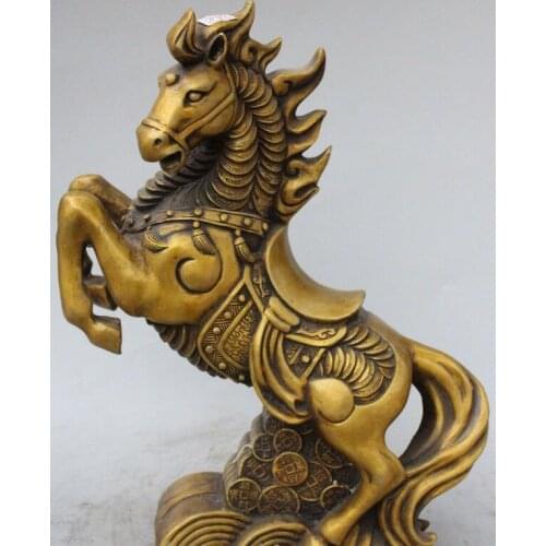 15"Marked Pure Bronze Wealth Money Animal Successful Running Horse Horses Statue