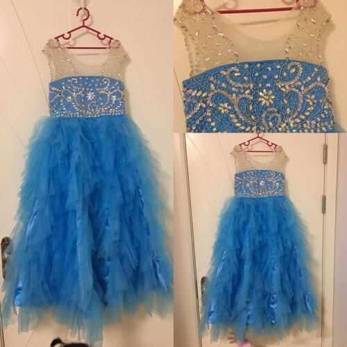 2020 Cheap Real Image Girls Pageant Dresses Blue Tulle Tiered Ruffles Long Crystal Beaded Kids Flower Girls Dress Birthday Gowns
