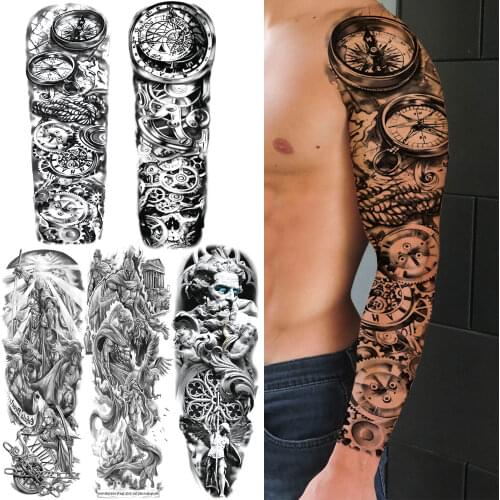 3D Compass Temporary Tattoos Sleeve For Men Women Adult Fake Worrior God Tattoo Sticker Black Body Art Drawing Tatoo Makeup Tool