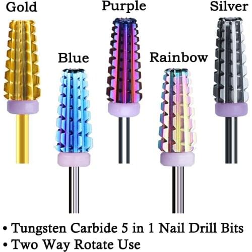 5 IN 1 Rainbow Tungsten Carbide Nail Drill Bit For Electric Manicure Machine Electric Rotary Mills Nail Art Tools