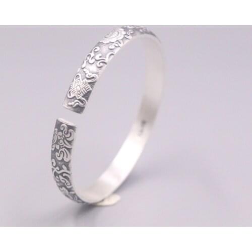 Real Silver Bangle 999 Fine Silver Womens Pure Silver Bracelet Engrave Retro Pattern Without Certificate Mother Gift 56-60mmDia