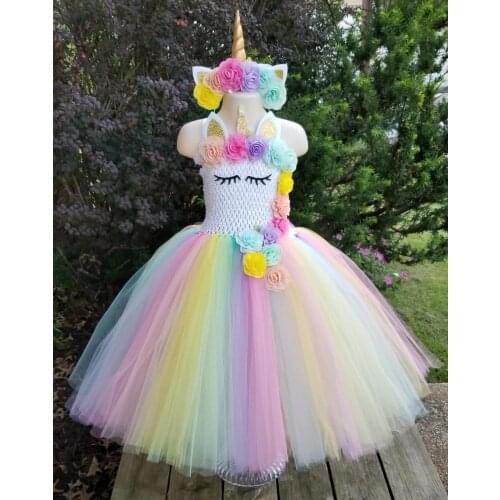 Girls Pastel Unicorn Tutu Dress Kids Crochet Flower Dress Ball Gown with Hairbow Children Birthday Party Costume Cosplay Dresses