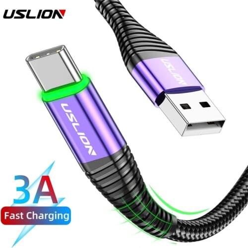 USLION 2m 3A LED USB Type C Cable Fast Charging Cable for Samsung Xiaomi Huawei Phone Charging Wire Type C USB C Data Line