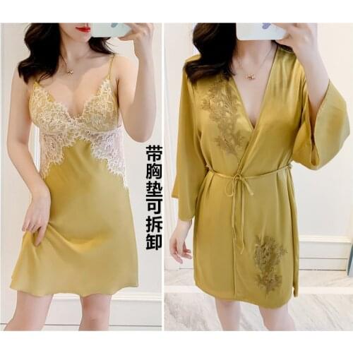 Lace Robe Suit Sexy Pajamas Gown Set Womens V-Neck Cami Nighties 2PC Wear Pijama Home Nightwear Lingerie Spring Lady Nightdress