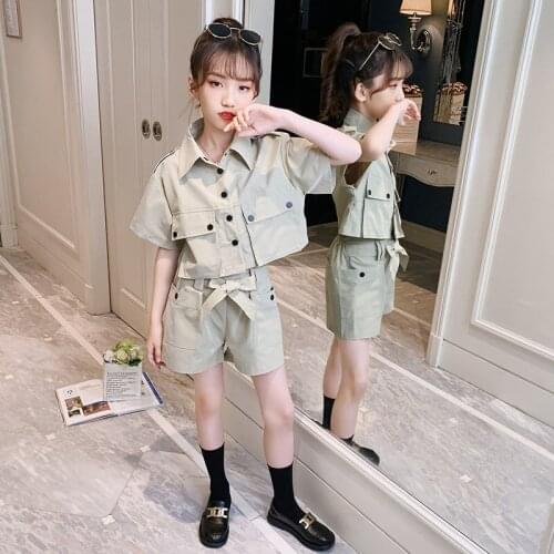 Summer Clothes for Girls Cargo Pants Set Kids Short Sleeve Shorts Childrens Sports Suits Fashion Teen Girls Set 8 12 13 14Years