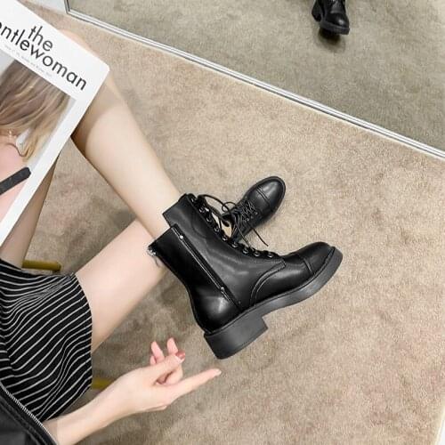 Patchwork rivets knight boots women chunky heels round toe short botas lace-up zip winter bottes celebrity med high heels shoes