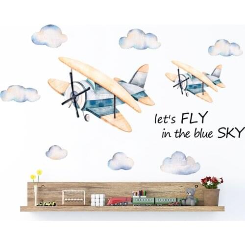 Sticker Wall Cartoon Airplane Clounds Wall Stickers Watercolor Hand Drawn Wall Decals for Kids Room Wallpaper Sticker Kawaii