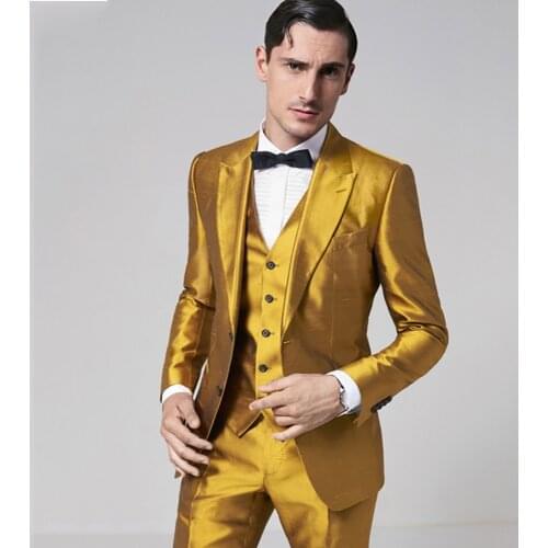 New Arrival Golden Yellow Satin Men Suits Slim Fit Prom Party Stage Performance Costumes Ternos Ceremony Suits