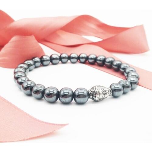 Wholesale Fashion 8mm hematite beaded men bracelets Buddha head stainless steel bracelet jewelry 50pcs/lot+free shipping