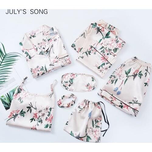 JULYS SONG 7 Pieces Silk Pajamas For Woman Spring Autumn Printing Satin Pajamas Set Women Girls Sleepwear Soft Sling Shorts
