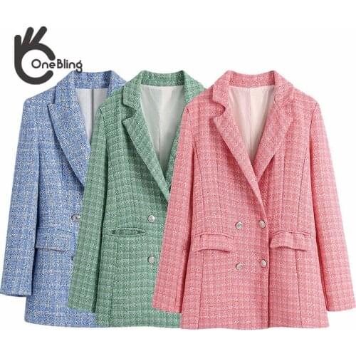 OneBling Textured Casual Blazers Green Office Lady Suit Jacket Spring Autumn Fashion Double Breasted Women Long Coats Femme Top