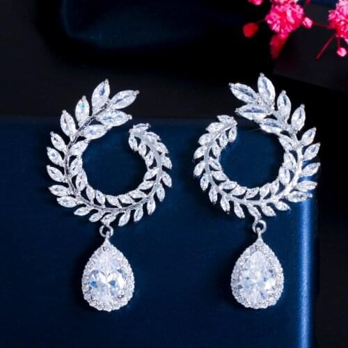 ThreeGraces Sparkling White Cubic Zirconia Silver Color Olive Branch Leaf Dangle Drop Earrings for Women Wedding Jewelry ER465