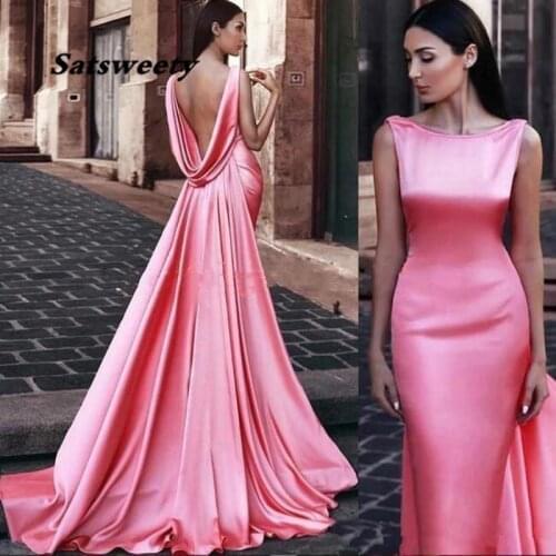 Sexy Simple Pink Mermaid Prom Dresses Long 2021 Scoop Neck Open Back Formal Dress Evening Gowns abiti da cerimonia