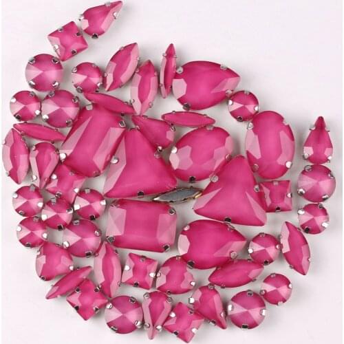 Silver claw settings 50pcs/bag shapes mix jelly candy Incarnadine pink glass crystal sew on rhinestone for garment shoes bags
