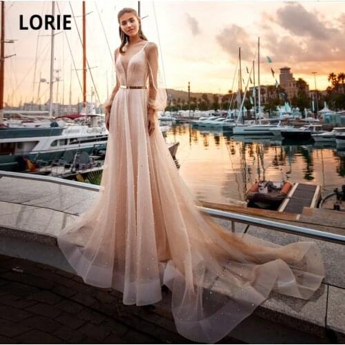 LORIE Boho Wedding Dresses Champagne Pearls A-Line Pricess Long Sleeve Wedding Gown Bride Dress 2021 robe de mariee vintage