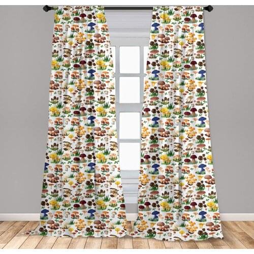 White Yellow Mushroom Curtains Pattern with Types of Mushrooms Wild Species Organic Natural Window Treatment Living Room Bedroom