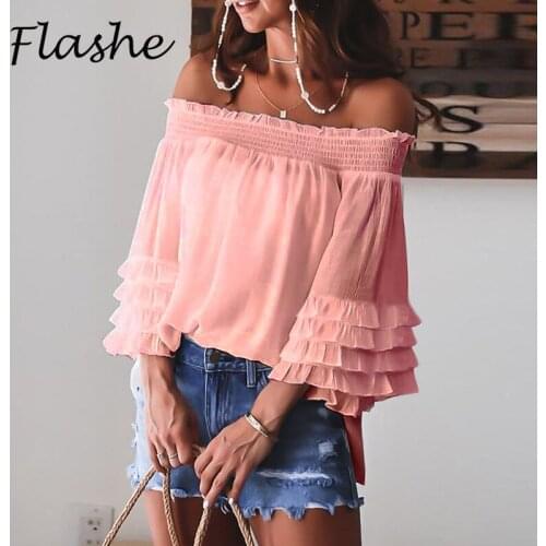 Sexy Off Shoulder Summer Tshirt Women Long Sleeve Shirt Women Blouse Solid Ruffle Sleeve Slash Neck Sexy Shirts For Women Tops