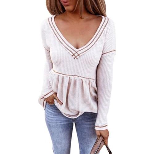 Women Blouse Sexy Deep V Neck Loose Blouse Long Sleeve Large Hem Stripes Pullover Top Fashion summer Woman blouses Tops 2021