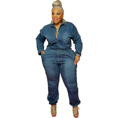 Ripped chain waist long-sleeved women jean jumpsuit plus size one-piece trousers denim woman trendy autumn wholesale