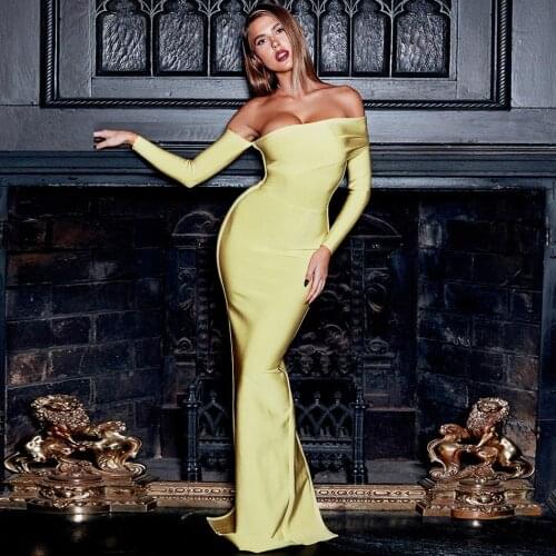 Graceful Ruched Slash Neck Bandage Dress Spring New Off The Shoulder Draped Long Sleeve Back Slit Maxi Skinny Women Dress