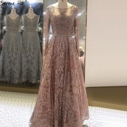 Serene Hill Pink Luxury O-Neck Evening Gowns for Women 2020 Dubai Long Sleeves Beading Sexy Formal Dress Design BLA70731