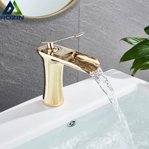 Golden Waterfall Bathroom Faucet Basin Sink Mixer Faucet Single Handle Bathroom Kitchen Cold and Hot Water Tap Chrome White Tap