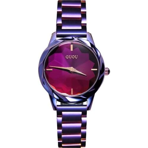 2019 Fashion Guou Top Brand Luwatch Reloj Mujer Rose Colors Purple $ Black Stainless Steel Quality Ladies Quartz Women Watches