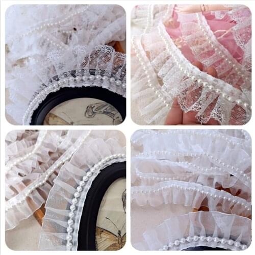 50CM White Pearl Beaded Lace Trims Chiffon Ribbon Doll Skirt Edging Hem Decor