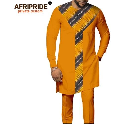 African Men Clothing Tribal Set Print Shirts+ Ankara Pants Dashiki Tracksuit Outfits Blouse Tops Pockets AFRIPRIDE A1916007B