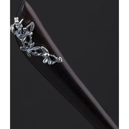 Antique Silver Flower Hair Accessories for Women 925 Sterling Silver Wood Hair Stick Bridal Wedding Hair Jewelry Bridesmaid Gift