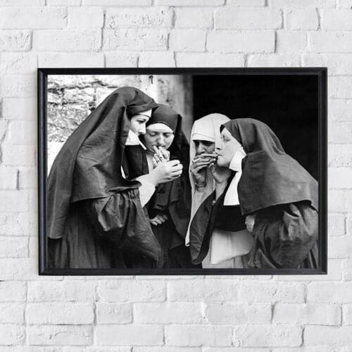 Smoking Nuns Prints Vintage Photo Black and White Poster Cigarette Funny Wall Art Canvas Painting Home Decor Picture Weird Room