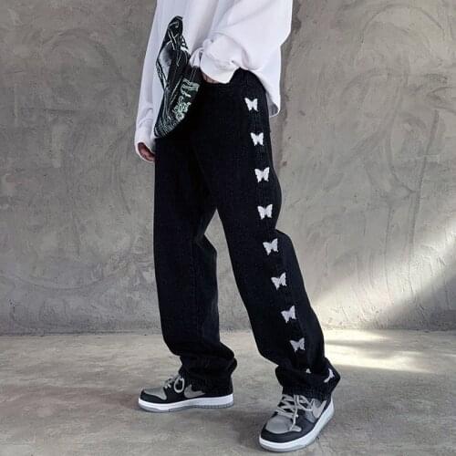 Butterfly Cactus Embroidery Retro Washed Jeans Pants for Men and Women Stgraight Black Oversize High Street Denim Trousers