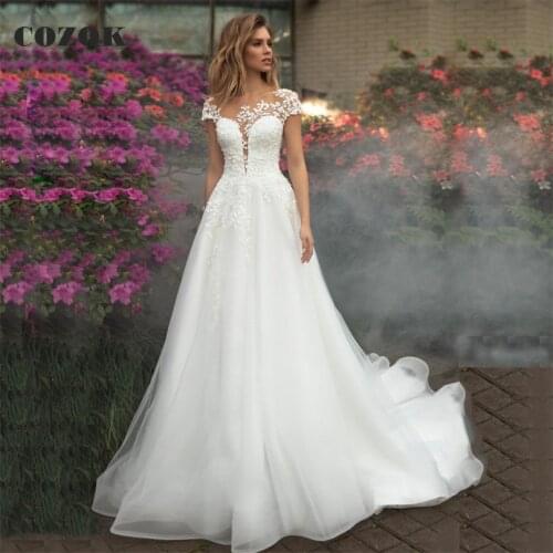 Elegant A-line Tulle Lace Flowers Wedding Dresses Long Formal Bride Wedding Gowns Custom Size CZ61