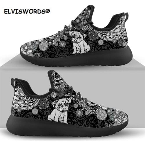 ELVISWORD Bohemian Pug Dog Cute Women Flats Shoes Casual Sneakers Autumn Ladies Knit Comfort Lace-up Shoes Zapatos Mujer 2020