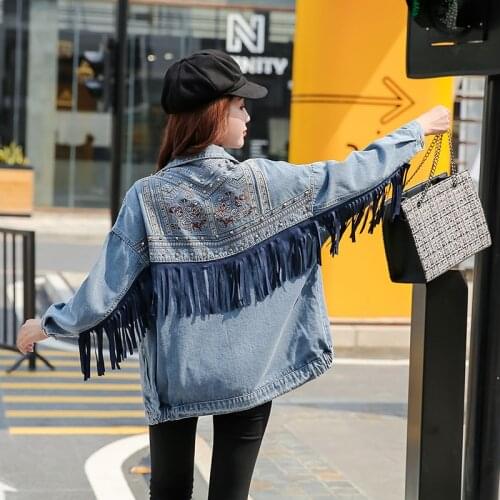 Autumn tassel denim jacket women Loose embroidery bomber blue jackets plus size casual basic coat kurtka jeansowa damska