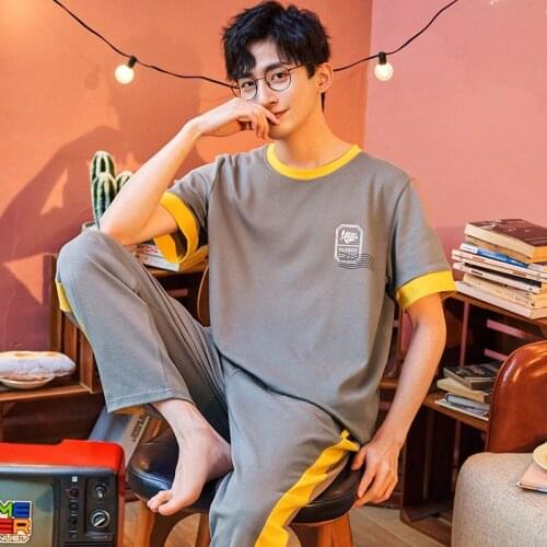 Spring Summer Men Pajamas Set Cotton Fashion Simple Print Sleepwear Casual Short Sleeve Patchwork Trousers Plus Size Homewear