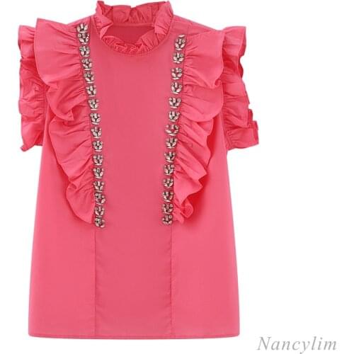 Sleeveless Ruffled Collar Beads Rhinestones Pink Shirt Women 2021 Spring Summer Retro Korean Style Pullover Blouse Blusas