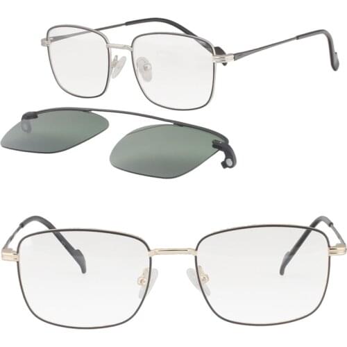 Metal clip on sunglasses 3037 square shape prescription glasses with megnatic clip on removable polarized sunglasses lens