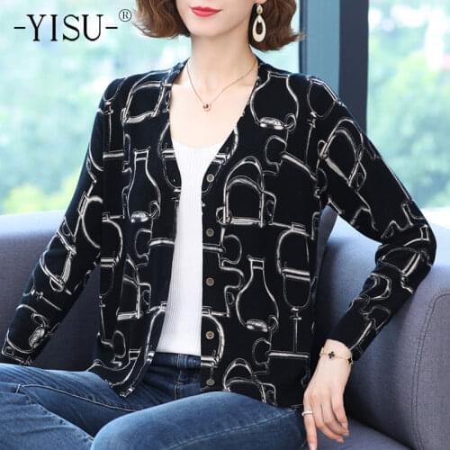 YISU Loose Women Cardigans Sweater V-Neck Fashion printing Knitted Coat Cardigan Single Breasted Casual Knit Jacket Sweater
