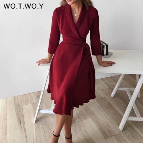 WOTWOY Elegant High Waist Belted Chiffon Dress Women Spring V-Neck Long Sleeve A Line Dress Women Solid Slim Mid-Calf Dress Lady