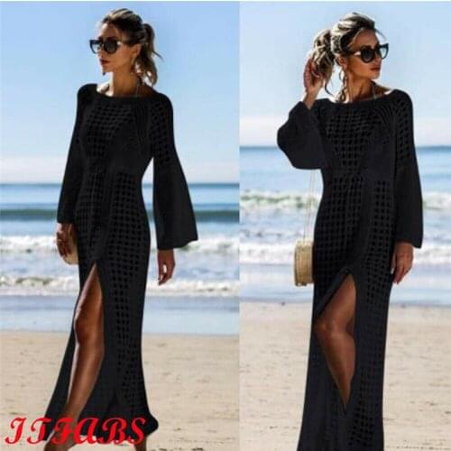 Hirigin 2019 New Women Knit Crochet Bikini Cover Up Summer Dress O-Neck Long Sleeve Loose Casual Beach Hollow Out Long Sundress