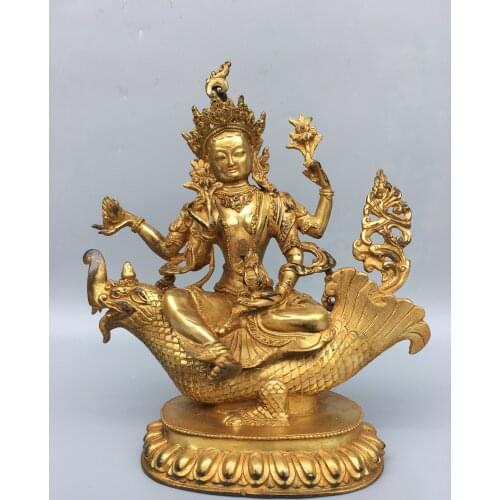 10"Tibet temple Old Bronze Gilt Ride a unicorn Free Tara Guanyin Bodhisattva Standing Buddha Enshrine the Buddha