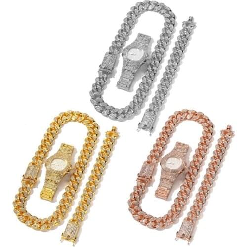 3Pcs Cool Rappers Luxury Mens Watch Shiny Cuban Bracelet Necklace Jewelry Set T4MD