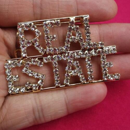 GRANDBLING Occupations Theme Crystal Brooch "REAL ESTATE" Word Lapel Pin Unique Professions Gift